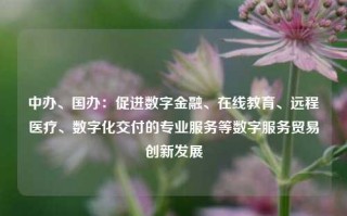 中办、国办：促进数字金融、在线教育、远程医疗、数字化交付的专业服务等数字服务贸易创新发展