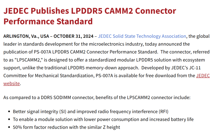 JEDEC发布LPDDR5 CAMM2标准 尺寸更小功耗更低  第1张