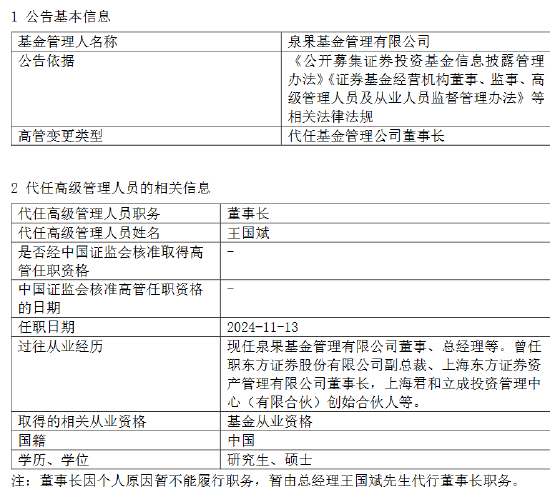 泉果基金回应高管失联：任莉因个人原因暂不能履行职务 暂由总经理王国斌代行董事长职务-第1张图片-特色小吃做法