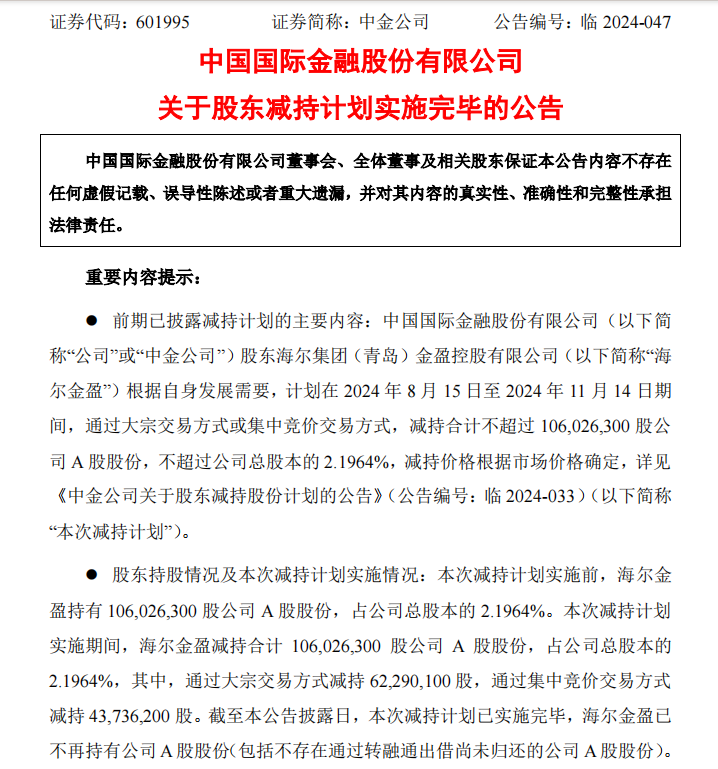 二股东海尔金盈清仓减持中金公司，历时两年套现143亿  第1张