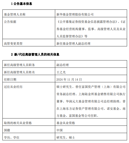 新华基金新任王之光为副总经理 曾任职于华润元大基金东方资产管理等公司-第1张图片-特色小吃做法