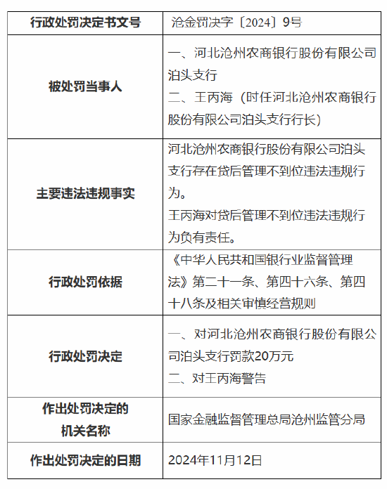 河北沧州农商银行泊头支行被罚20万元：因贷后管理不到位-第1张图片-特色小吃做法