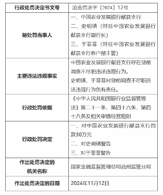 中国农业发展银行献县支行被罚30万元：因贷前调查不尽职-第1张图片-特色小吃做法