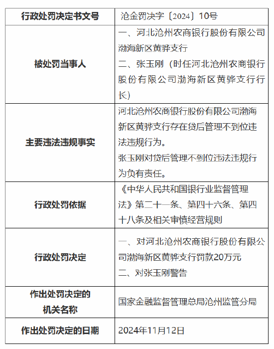 河北沧州农商银行渤海新区黄骅支行被罚20万元：因贷后管理不到位-第1张图片-特色小吃做法