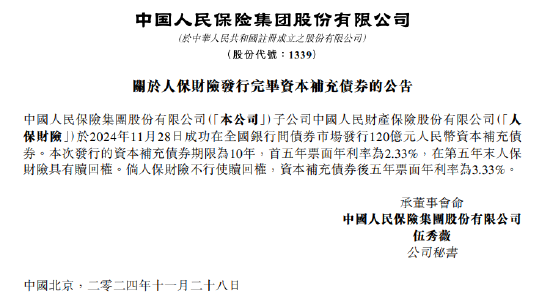 中国人民保险集团：人保财险成功发行120亿元资本补充债券-第1张图片-特色小吃做法