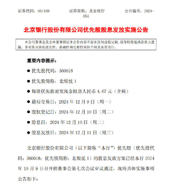 北京银行：发布优先股股息发放实施公告 每股优先股派发现金股息人民币4.67元-第1张图片-特色小吃做法